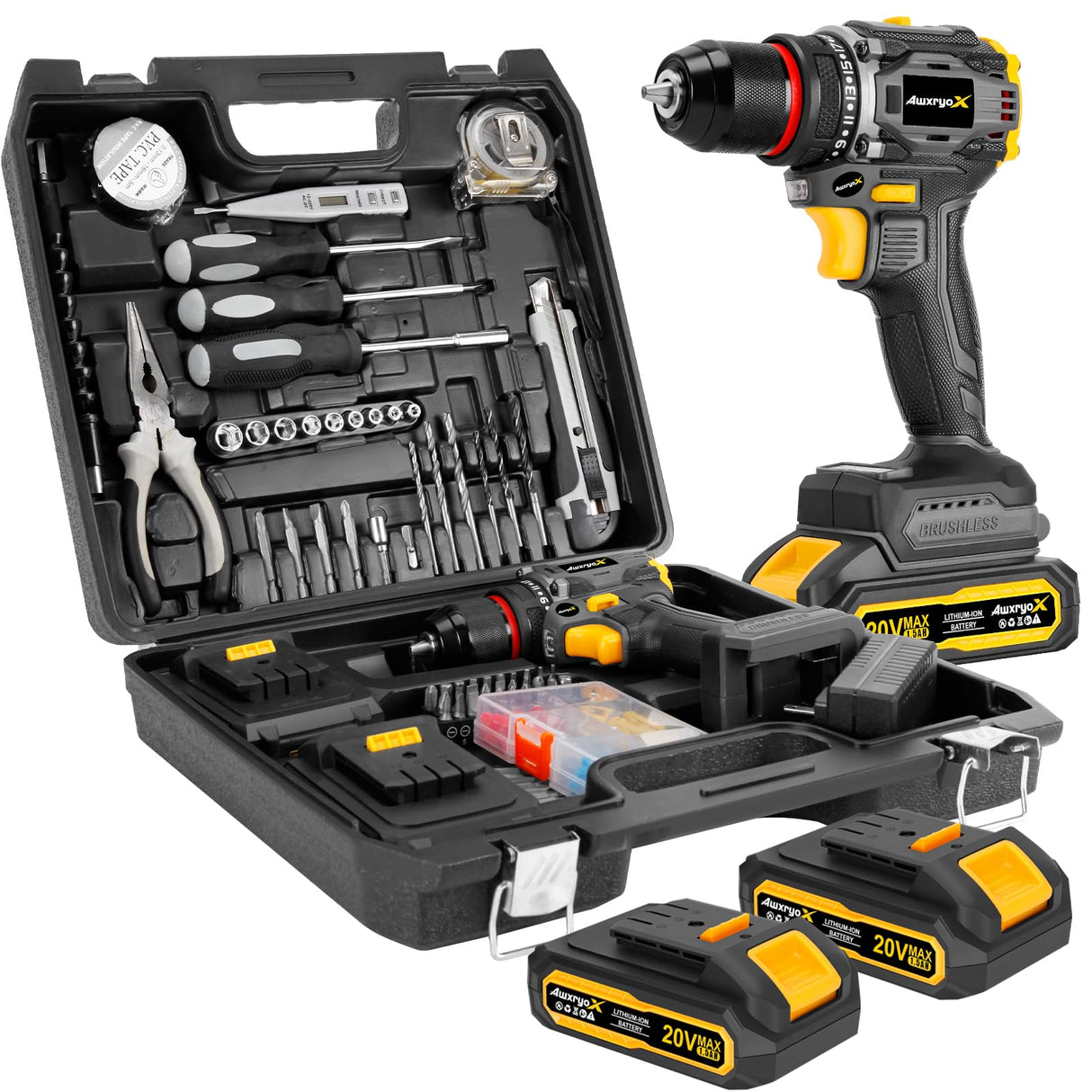 AwxryoX Brushless Compact Drill Tool Set, 60N.m 20V Cordless Drill Tool Box with 2 Battery, 135Pcs Man Household Tool Set with DIY Hand Tool Kits, 531 In-lb Tool Set with Drill for Daily Home Repair AwxryoX