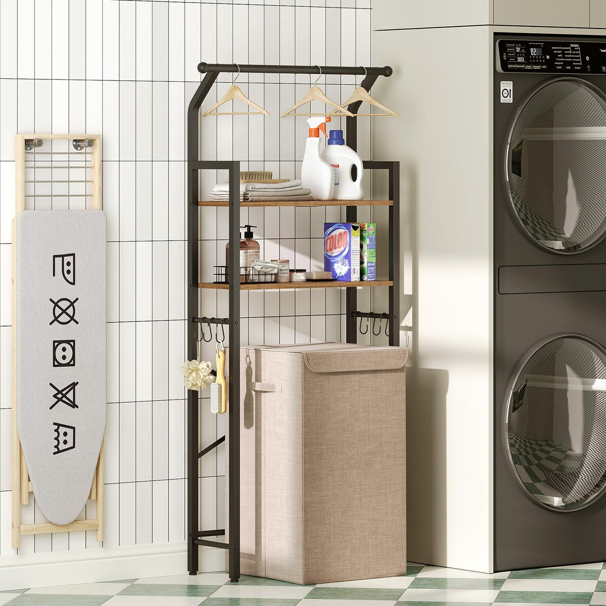 YATINEY Over The Toilet Storage, 2-Tier Bathroom Organizer Shelves with Hooks, Multifunctional Vertical The Toilet Shelf Storage Rack for Bathroom, Rustic Brown and Black TR01BR YATINEY