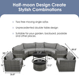 Merax 9-Piece Outdoor Half-Moon Patio Sofa Set, Modern Round Wicker Furniture with Grey Cushions, Gray Wicker Sofa Set for Patio, Garden, or Poolside Merax