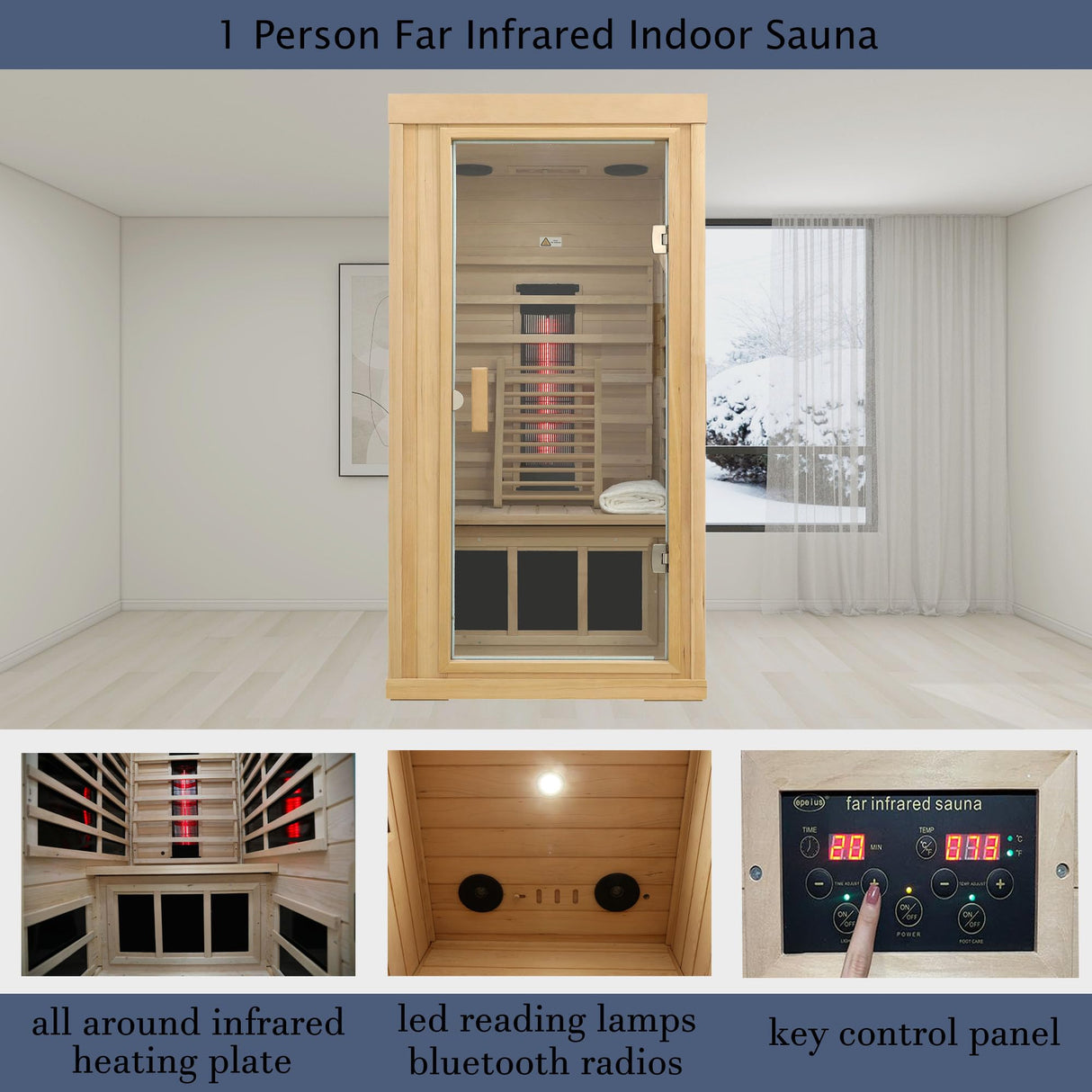 KUNSANA Ceramic Infrared Sauna, 1 Person Infrared Sauna, Hemlock Wood Home Sauna Spa, Far Infrared Sauna Indoor, Low EMF Infrared Saunas for Home with Smart Display, Bluetooth Speaker,1,240 watt KUNSANA