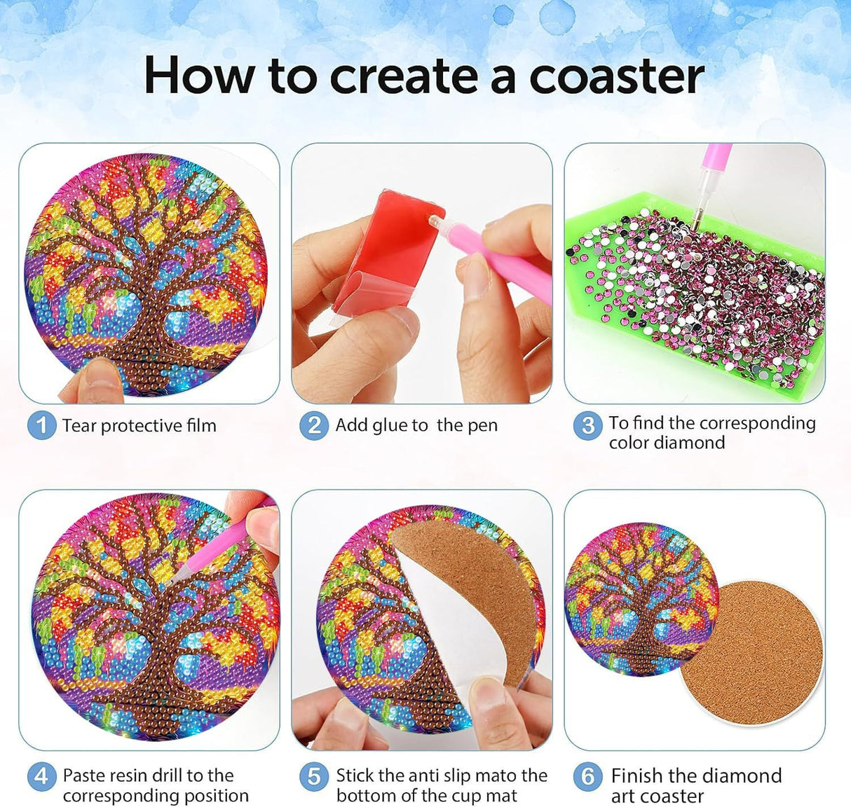 igoodom 8 Pcs Tree of Life Diamond Art Coasters Kit with Holder, DIY Tree Diamond Painting Coasters for Beginners Adults, Non Slip Diamond Art Kits Craft Supplies 4x4inch igoodom