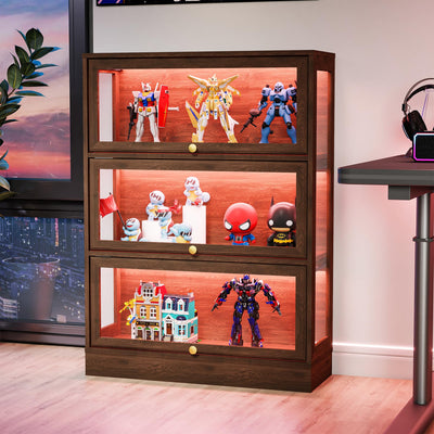Boniture Display Cabinet with Acrylic Glass Doors,3-Tiers Curio Cabinet with LED Lighting for Collectibles, Collectibles Toy Organizers Rack & Display Shelf Display Case Storage Cabinet,Walnut