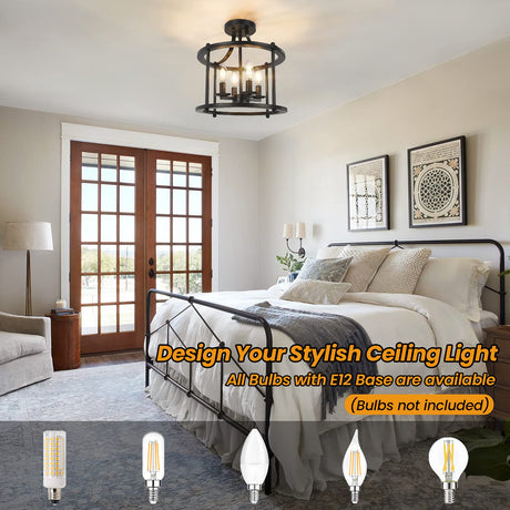 Farmhouse Semi Flush Mount Ceiling Light Fixture, 4-Light Industrial Ceiling Light w/ E12 Base Metal Rustic Vintage Chandelier Lighting for Kitchen Dining Room Hallway Entryway Foyer (Matte Black) Bosceos