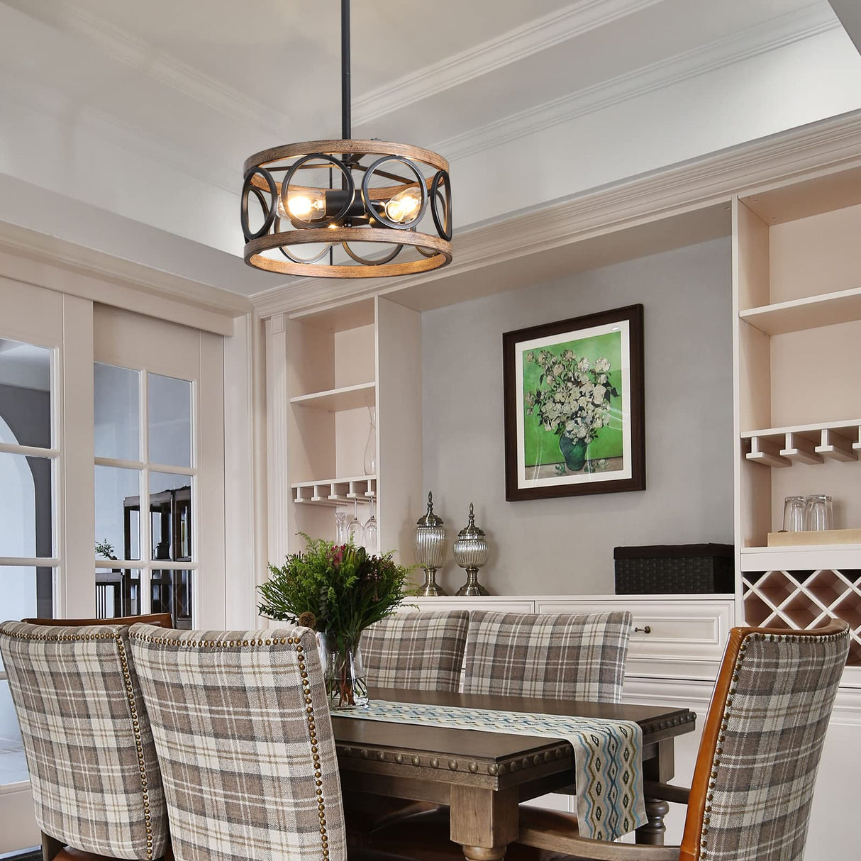 Galtlap Semi Flush Mount Ceiling Light, 3-Lights Modern Farmhouse Ceiling Lighting Fixture, Vintage Close to Ceiling Light for Kitchen Hallway Foyer Bedroom Black and Wood Grain Finish Galtlap