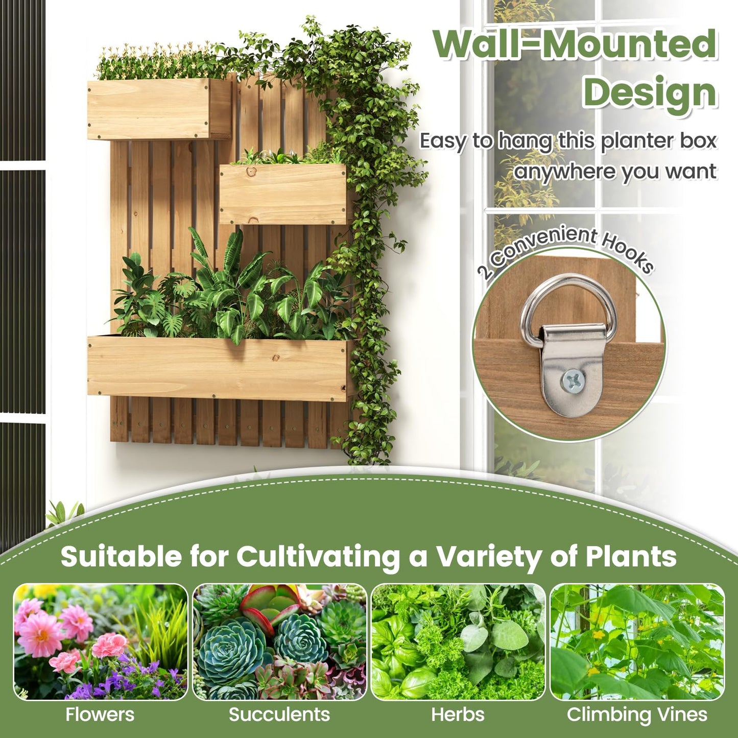 Giantex Wall-Mounted Raised Garden Bed w/Trellis Board, 3 Wooden Garden Boxes Set w/Drainage Hole, Fabric Liners, Hanging Hooks, Indoor Outdoor Decorative Planters for Fruit Vegetable Vine Flower