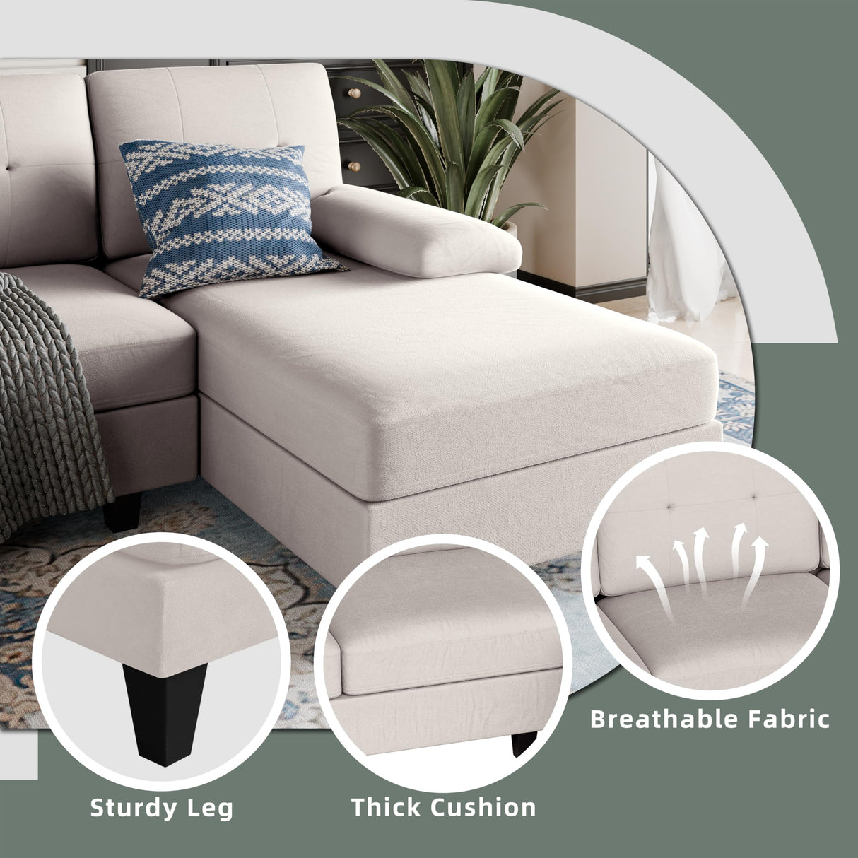 Shintenchi Sectional Sofas for The Living Room, U-Shaped Couch with Dual Chaise Lounge, 4-Seat Furniture Set Featuring Soft Cushions and Linen Fabric,Creamy White Shintenchi