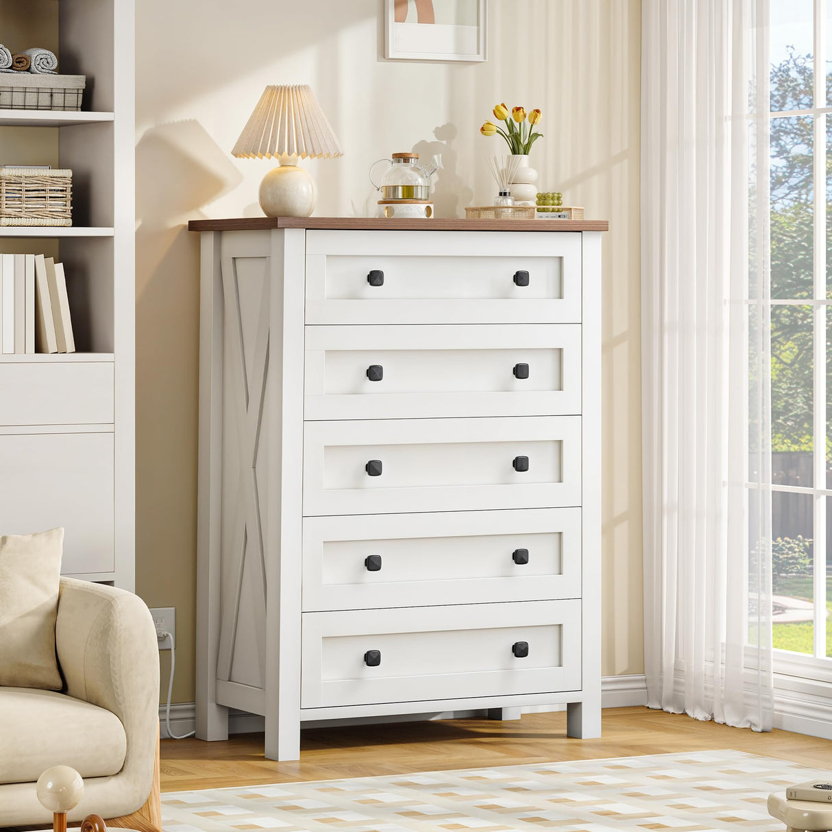 DWVO Farmhouse 5 Drawer Dresser for Bedroom with Power Outlets, Modern Tall Nightstand with Deep Drawers, Wood White Closet Dresser for Living Room, Entryway, Hallway DWVO