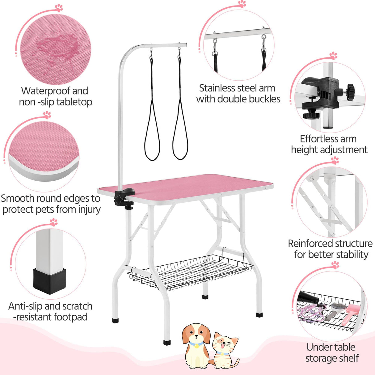 Yaheetech 36'' Dog Grooming Table, Adjustable Pet Foldable Grooming Table w/Double Loops/Mesh Tray Maximum Capacity Up to 220lbs, Pink Yaheetech