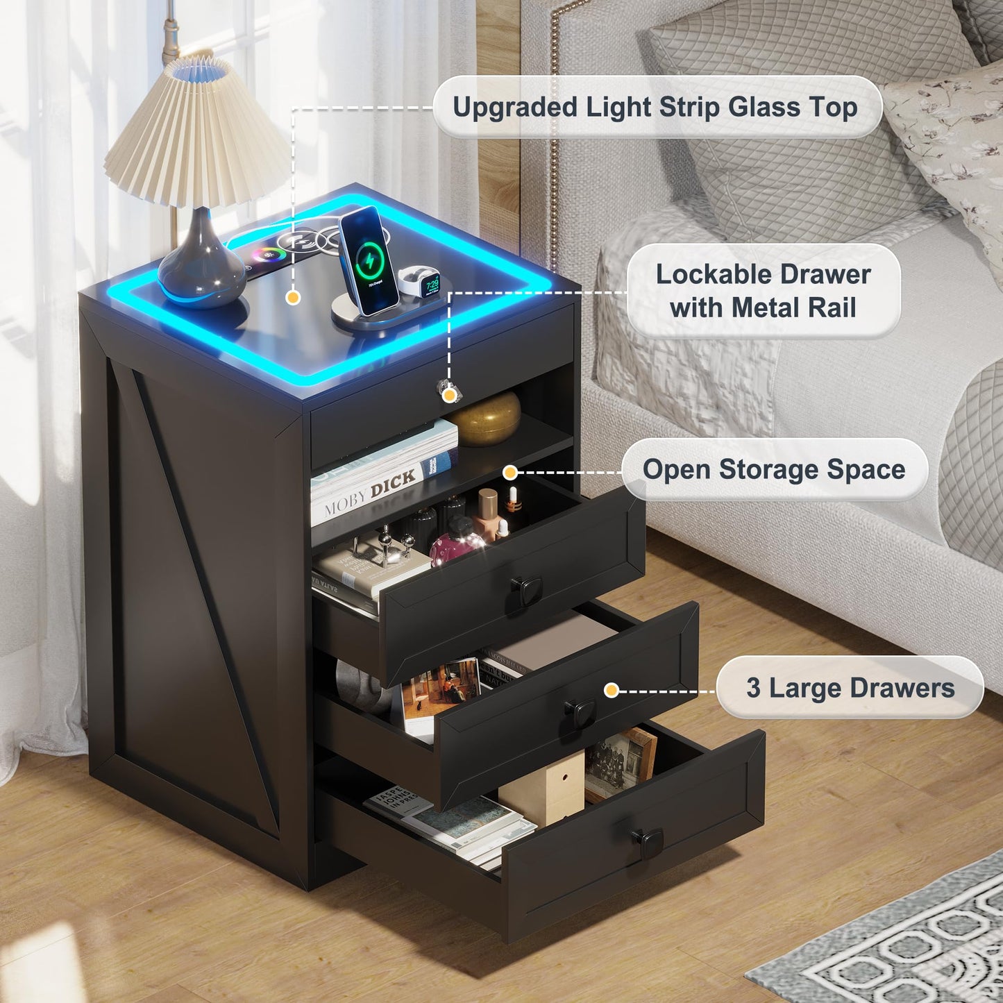 Lvifur RGB Nightstand with Gun Drawer, Glass Top Bedside Table with Wireless Charging Station, LED Night Stand with Human Sensor Design, Modern End Table for Bedroom Living Room (Black) - WoodArtSupply