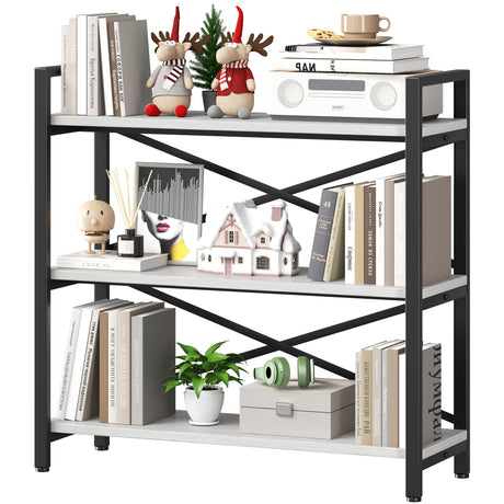 Homeiju 3 Tier Bookshelf 31.49" Width, Wood and Metal Etagere Bookcase, Vintage Farmhouse Modern Wooden Big Book Shelf for Home Living Room Bedroom Office Storage(White) Homeiju