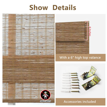 FACIMI Cordless Natural Bamboo Roman Shades with 6-Inch Valance - Custom Light Filtering Blinds in Line Brown