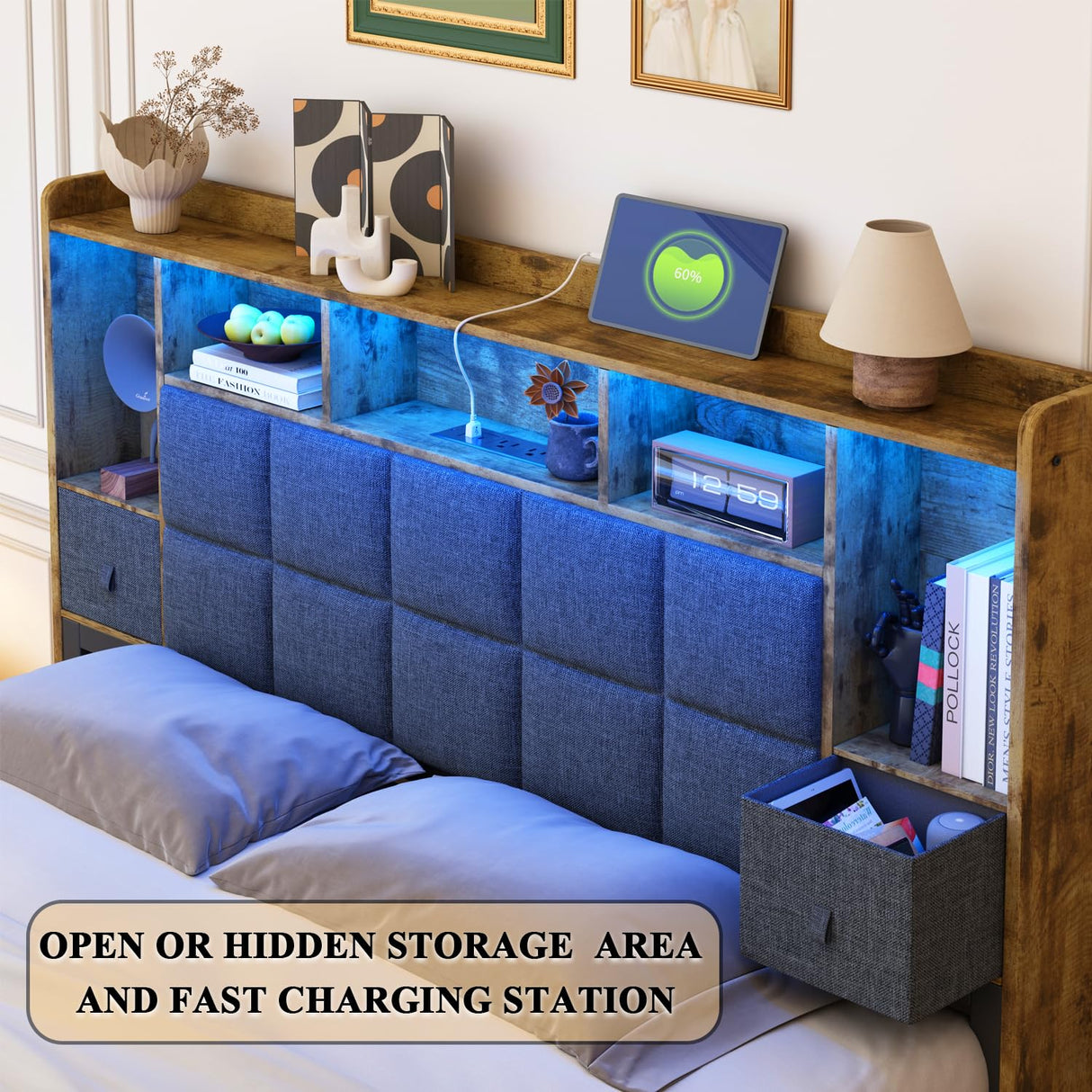 TIGUBFRE King Size Bed Frame with Bookcase Storage Drawers, LED Lights, Upholstered Platform Bed Frame with Headboard, Charging Station, Metal Slats Support, Noise Free, No Box Spring Needed, Grey TIGUBFRE