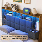 TIGUBFRE King Size Bed Frame with Bookcase Storage Drawers, LED Lights, Upholstered Platform Bed Frame with Headboard, Charging Station, Metal Slats Support, Noise Free, No Box Spring Needed, Grey TIGUBFRE