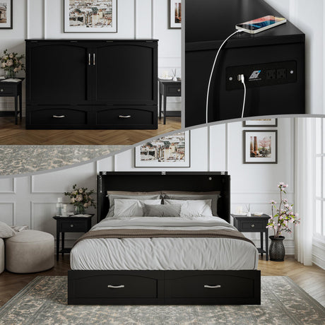 AFI, Marion Queen Wood Murphy Bed Chest with 6" Mattress, Storage Drawer, & Built-in Charger, Black AFI