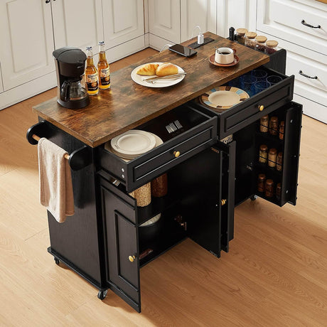 ONBRILL 58" Mobile Kitchen Island, Kitchen Island Cart with Power Outlet, Island Table for Kitchen, Home Bar Carts with Storage, Kitchen Rolling Island with Spice Rack & Towel Rack & Knife Holder ONBRILL