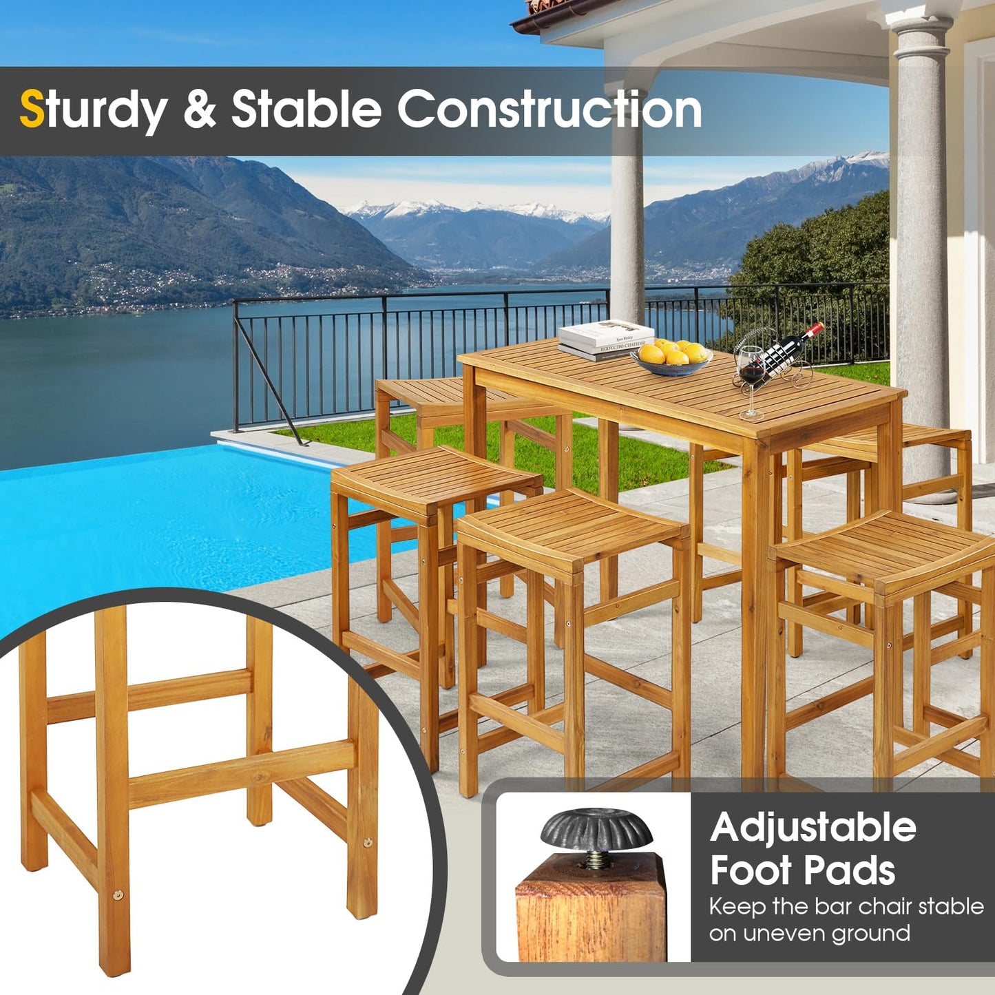 Tangkula 7-Piece Acacia Wood High Top Bar Set with 6 Saddle Stools for Outdoor Dining