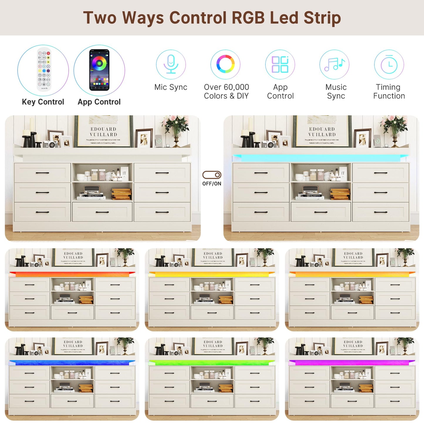 70" Large Farmhouse 7 Drawers Dresser for Bedroom with LED Light and Power Outlets + 2 Open Storage Shelves,Wide 7 Chests of Drawers for Closet,Storage Dressers Organizer for Bedroom(Antique White)