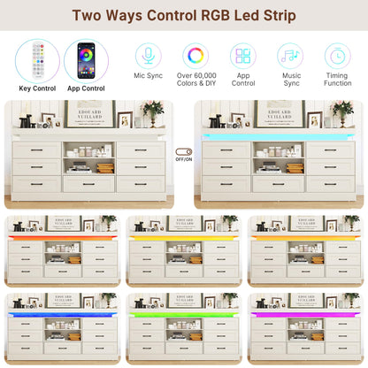 70" Large Farmhouse 7 Drawers Dresser for Bedroom with LED Light and Power Outlets + 2 Open Storage Shelves,Wide 7 Chests of Drawers for Closet,Storage Dressers Organizer for Bedroom(Antique White)