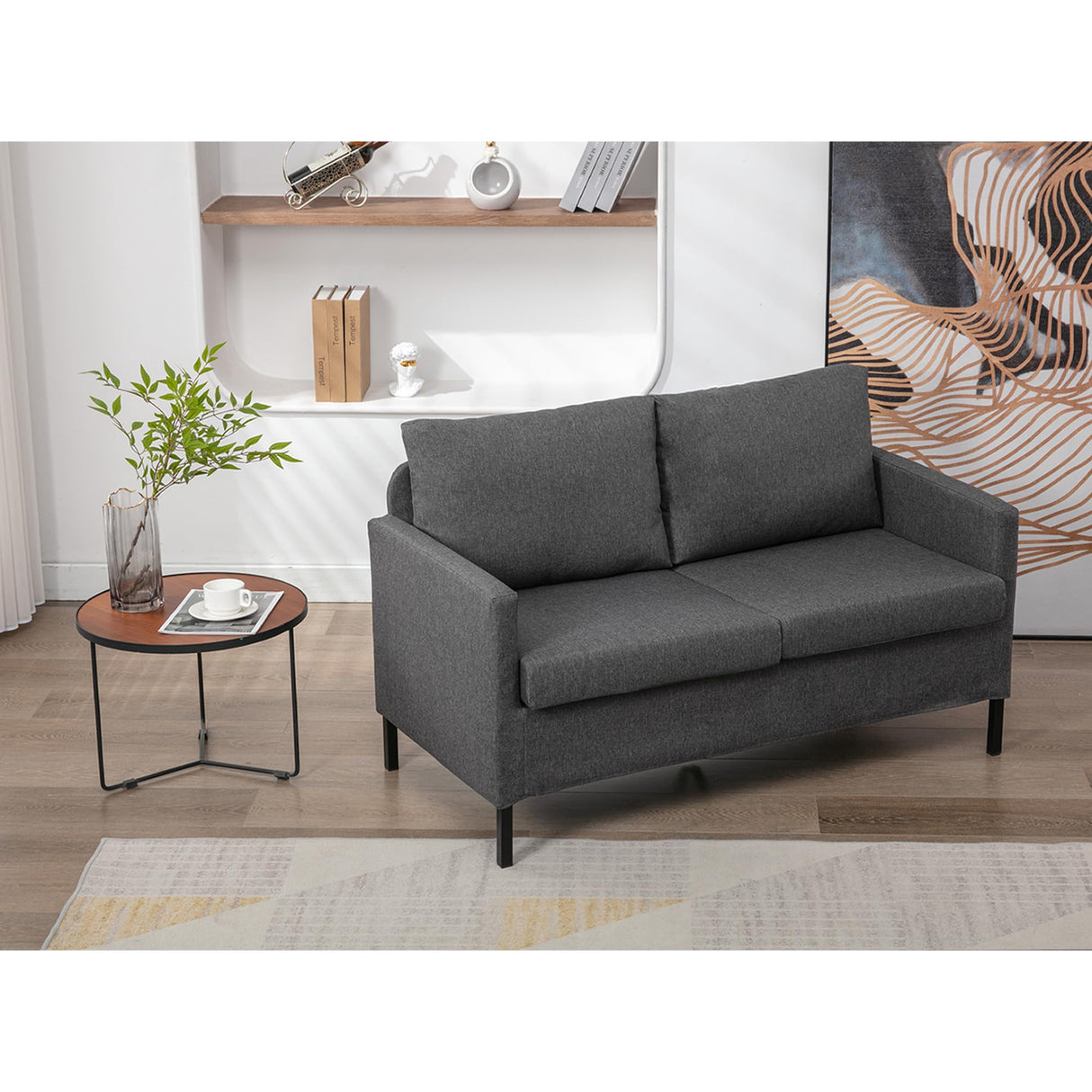 TYBOATLE Linen Fabric Modern Small Loveseat Sofa Couch for Living Room, 51" W Little Upholstered 2-Seater Mini Love Seats w/Iron Legs for Small Space, Apartment, Bedroom, Dorm, Office (Dark Grey) TYBOATLE
