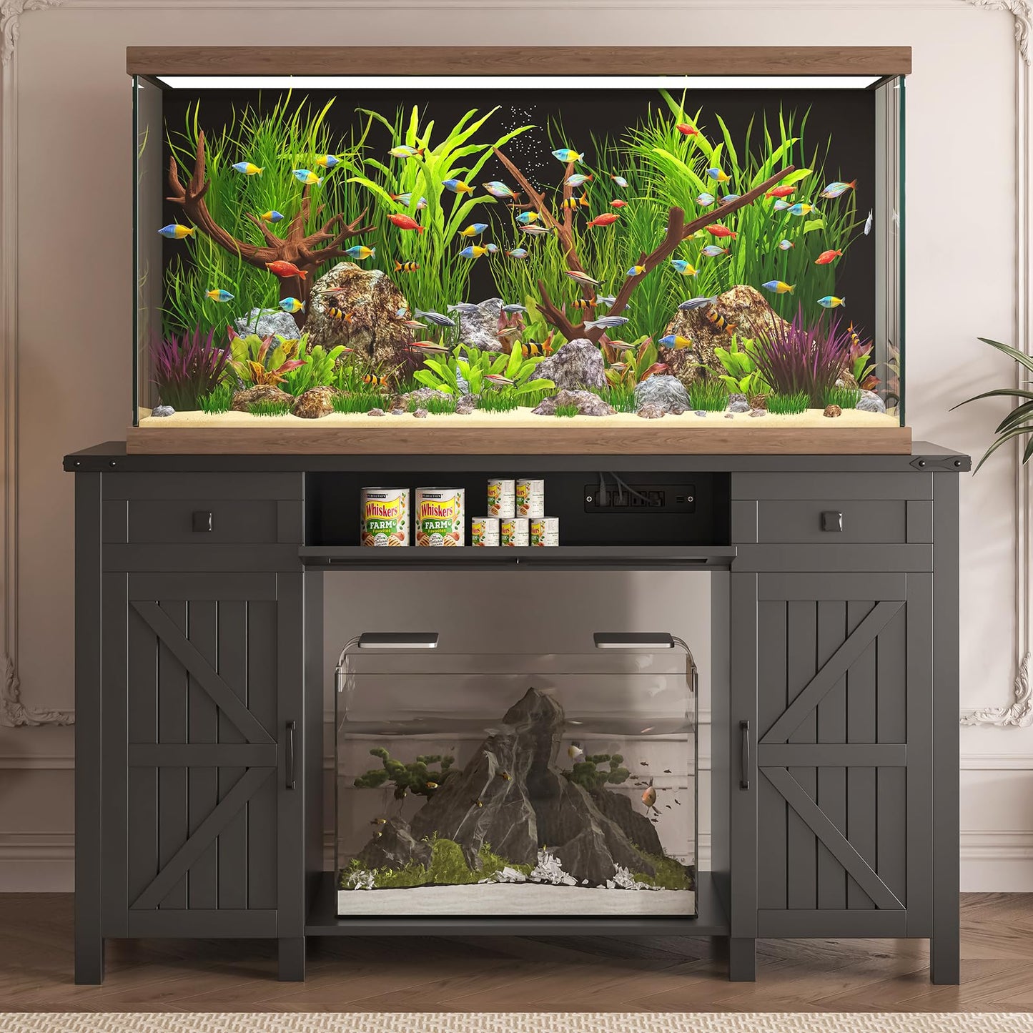 Saudism 55-75 Gallon Aquarium Stand With Charging Station, Farmhouse Fish Tank Stand, Reptile Tank Stand Terrarium Stand with Drawer and Cabinet Storage, Sturdy Heavy Duty 53.5"×19.7" Tabletop - Black