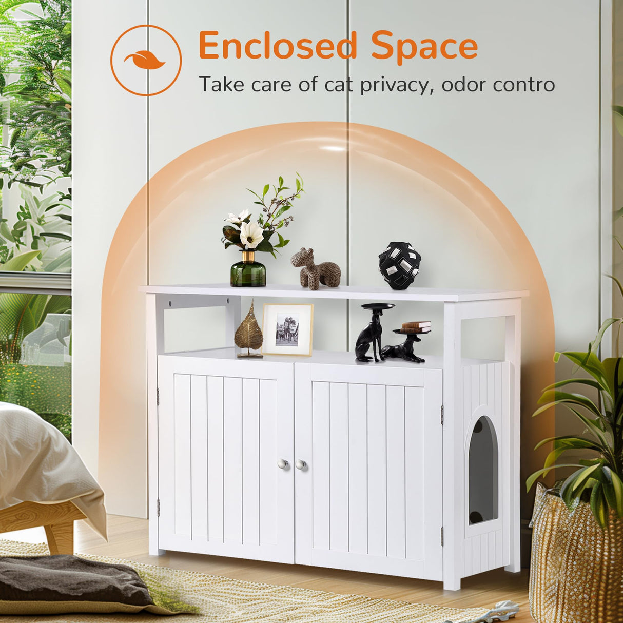 ZENY Cat Litter Box Enclosure, Cat Litter Box Furniture Hidden with Open Shelf, Wooden Cat Litter Cabinet with Divider, Indoor Cat Washroom Storage Bench, White ZENY