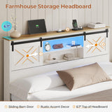 Hasuit Farmhouse Bed Frame King Size with 4 Storage Drawers, Wooden Platform King Beds with Charging Station and LED Lights, Rustic Bed with Storage Headboard and Sliding Barn Door Hasuit