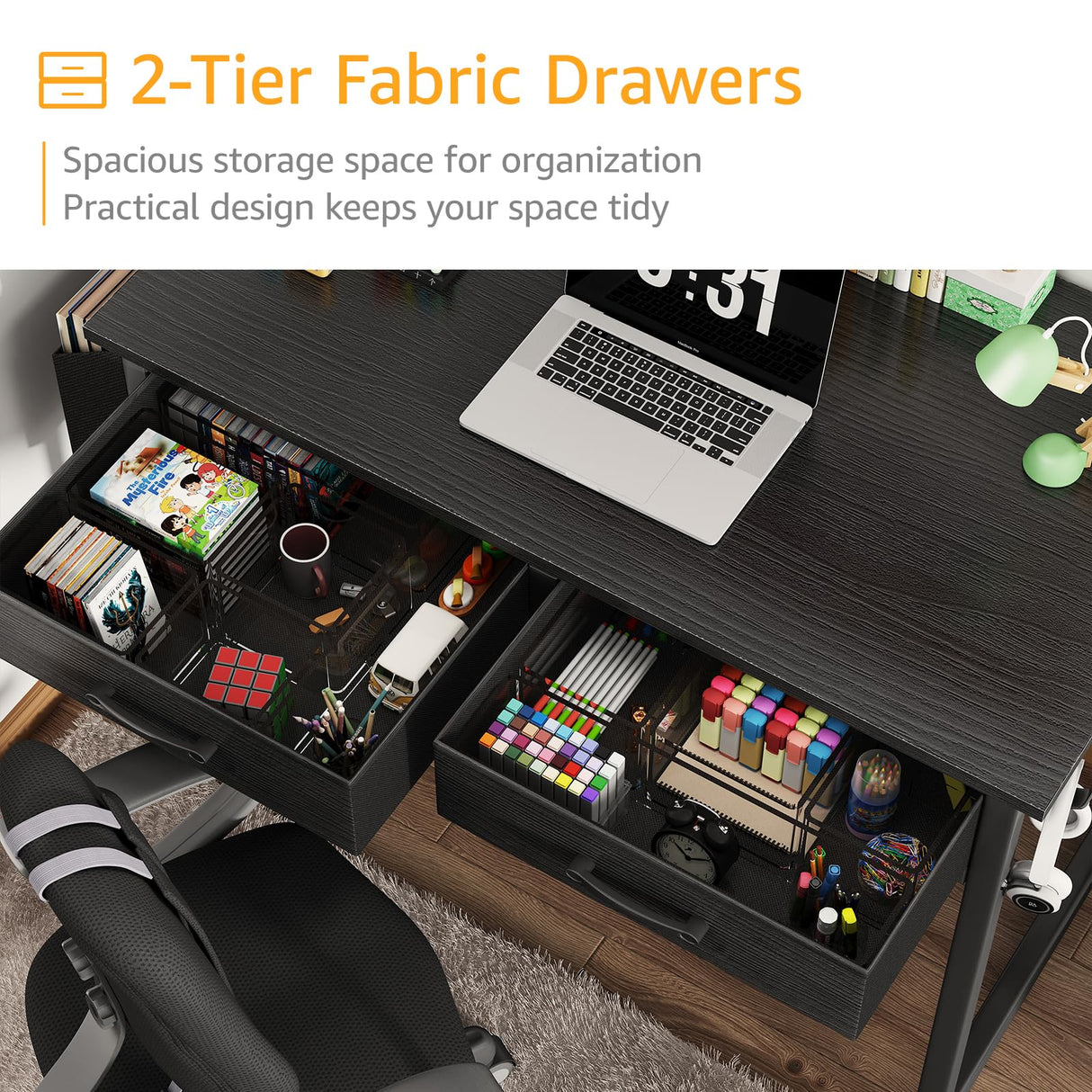 DLisiting Small Desk with Fabric Drawers for Bedroom, 32 Inch Small Gaming Desk with 2 Drawers for Small Space, Study Writing Table PC Desks, Black DLisiting