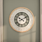 Deco 79 Wooden Floral Decorative Wall Clock Carved Wall Clock for Home with Black Metal Accents, Wall Clock for Room 32" x 2" x 32", White Deco 79