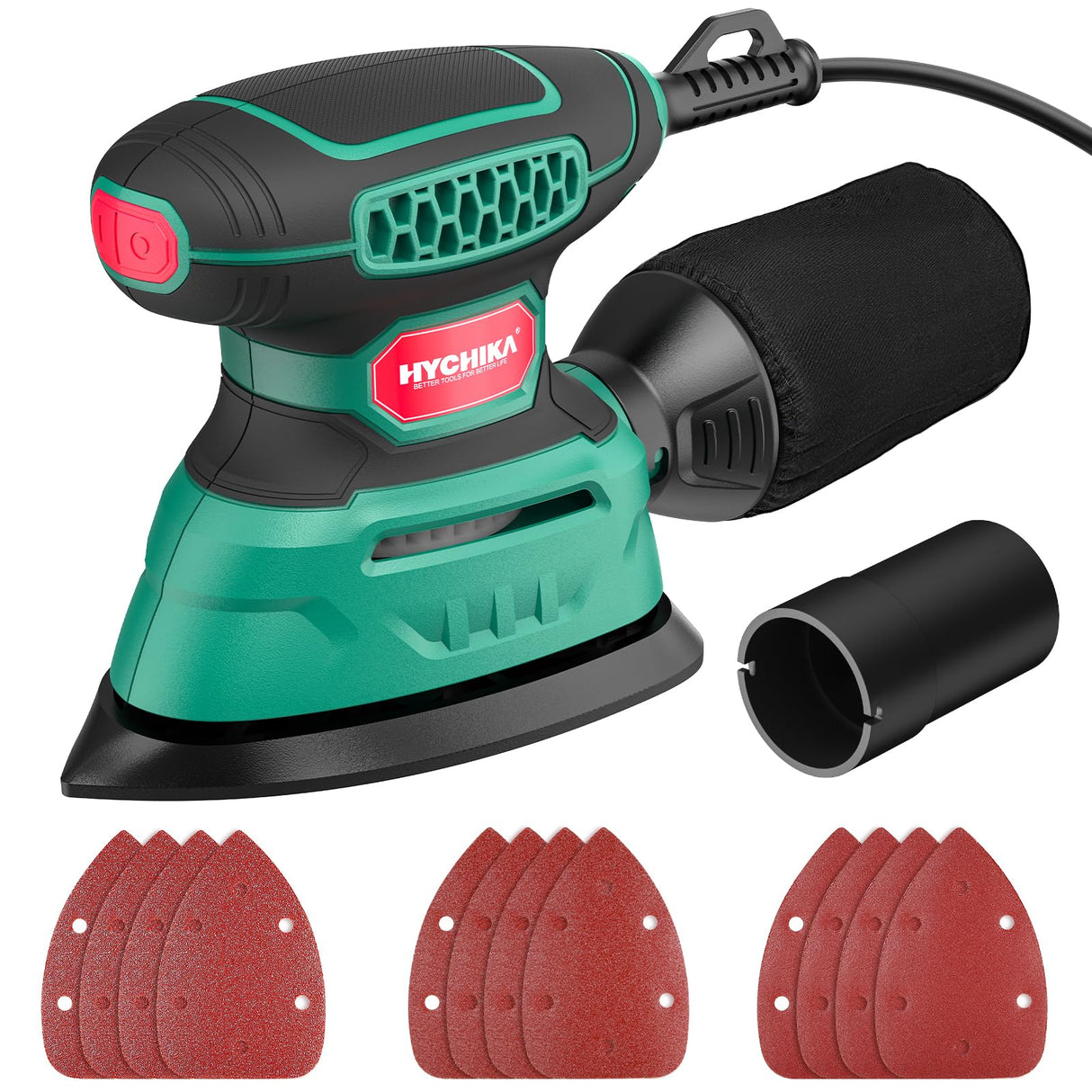HYCHIKA Detail Sander,140W Electric Sander, up to 13000OPM, 1.2A Palm Sander Tool with 12pcs Sandpapers, with Efficient Dust Collection System, Compact Hand Sander for Woodworking. HYCHIKA BETTER TOOLS FOR BETTER LIFE