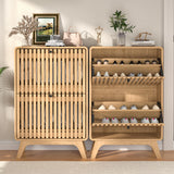 Jluomei Narrow Shoe Cabinet Storage for Entryway Slim, Wood Fluted Entry Way Shoe Organizer, Modern Rack Cabinet with 2 Flip Drawers, Wooden, Farmhouse, Small, Freestanding, Oak, Natural Jluomei