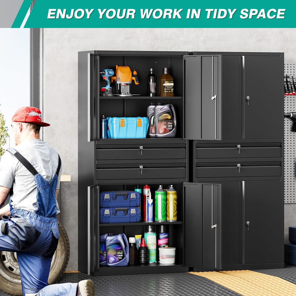 Metal Storage Cabinet with Drawer and Locks,Black Garage Storage Cabinet with Locking Doors and Adjustable Shelves,71" Tall Large Metal Cabinets with Magnetic Door for Home,Office,Garage SISESOL