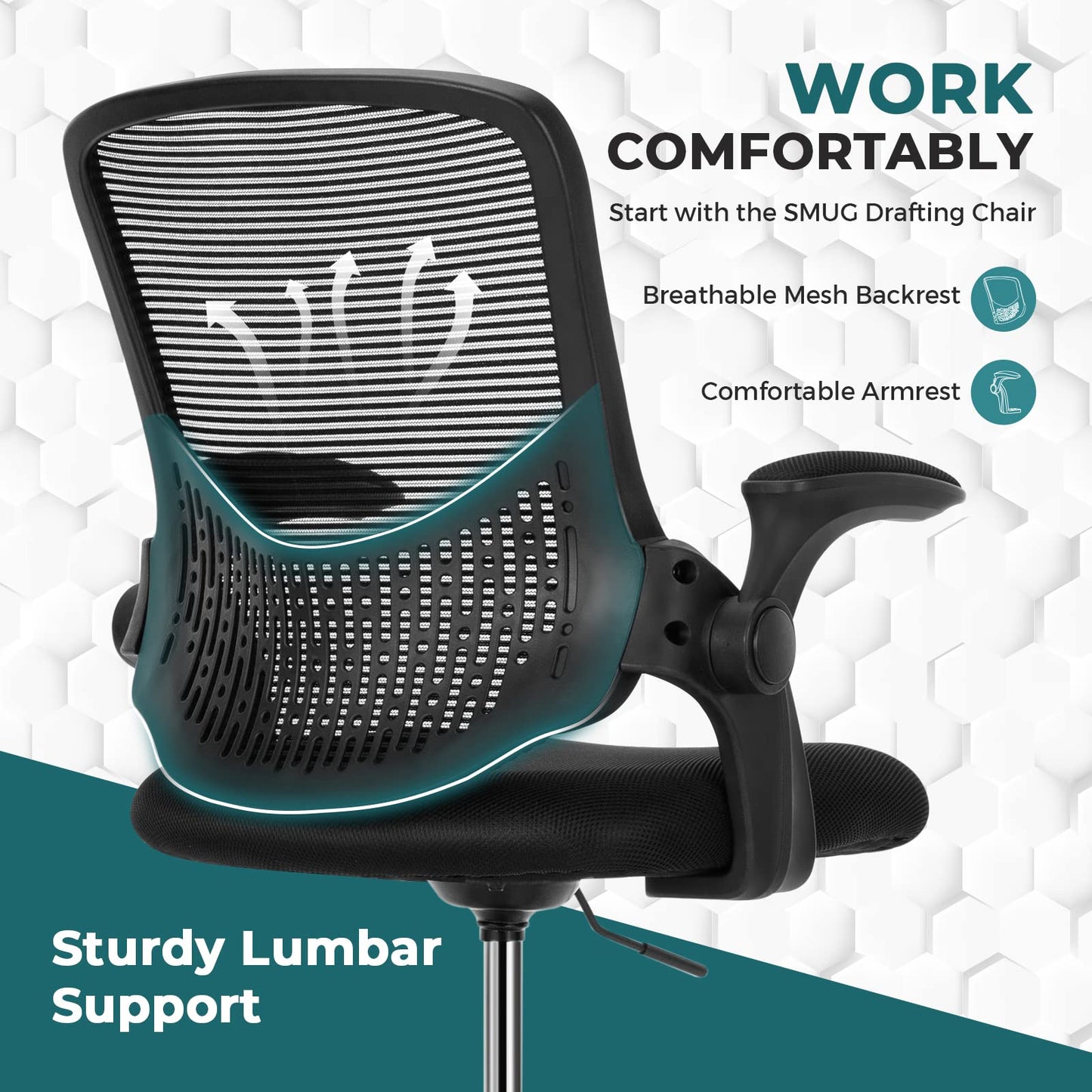 SMUG Drafting Chair Tall Office Chair for Standing Desk Adjustable Height Office Desk Chair with Adjustable Flip Up Armrests and Foot-Ring for Task, Working, Drafting, Studying, Dark Black