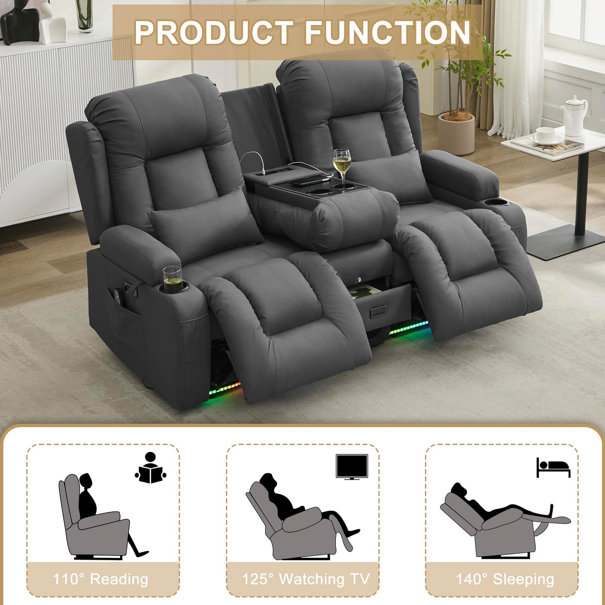 URRED Power Reclining Loveseat Sofa with Console, RV Couch Loveseat Recliner Sofa with Massage & Heat, LED Light, Cupholders, Bluetooth Speakers, USB Charge Ports, Outlets, Leathaire, Gray URRED