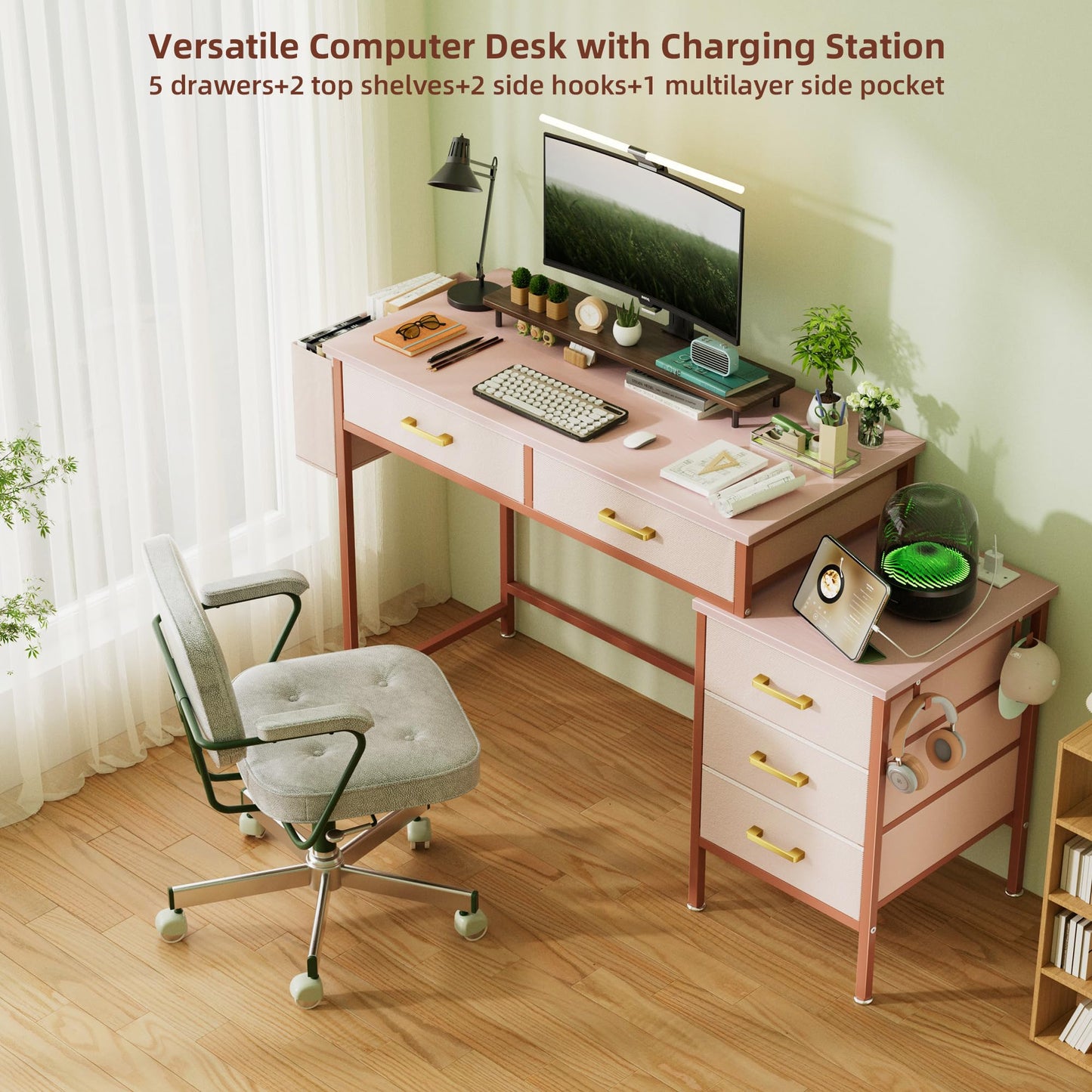 YILQQPER Computer Desk with Charging Station, Home Office Desks with Fabric Drawer File Cabinet Printer Stand, PC Desk with 5 Drawers, Study Writing Table, Work Desk with Storage, Vanity Desk, Pink