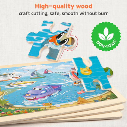 SYNARRY Wooden Vehicle Puzzles for Kids Ages 4-6, 6 Packs 60 PCs Jigsaw Puzzles Preschool Educational Toys Gifts for Children Ages 4-8, Kids Puzzles for 4+ Year Olds Boys Girls, Wood Puzzles Ages 3-10