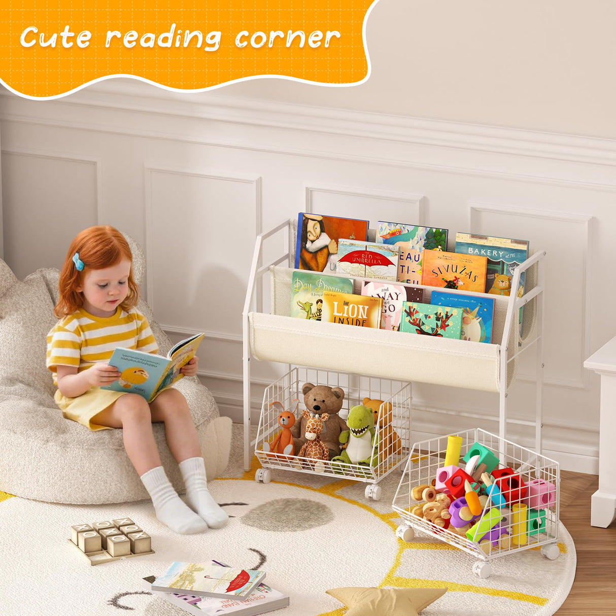 Kids Bookshelf and Toy Storage with 2 Lockable Rolling Baskets – Small Book Shelf for Kids Rooms, Montessori Children Toddler Bookshelf for Nursery, Playroom, Bedroom, Holds Up to 20 Books & Toys koozuuyk