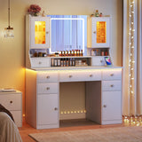 Vanity Desk with Mirror & Lights, 42‘’ Large Makeup Vanity with 2 RGB Jewelry Cabinets & 7 Drawers, White Vanity Table Set with Charging Station, Dressing Table with Lights Desk, 3 Light Modes ALEXNUTRE