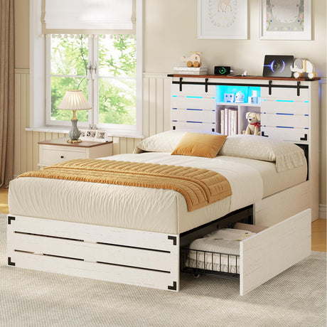 VIAGDO Wooden Twin Bed Frames with Bookcase Headboard and Sliding Barn Door, Farmhouse Bed Frame Twin Size with Charging Station, LED Lights and 4 Storage Drawers, No Box Spring Needed, White VIAGDO