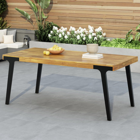 Christopher Knight Home Harpe Outdoor Patio Acacia Wood Dining Table Rectangular, Wood Slat Panel Top Dining Table, Dining Table for Backyard, Garden, Lawn,Teak Finish+Black 32.00" Dx69.00 Wx30.00 H Christopher Knight Home