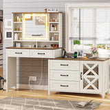 HAUOMS Farmhouse Vanity Desk with Openable Mirror and Lights, White Vanity Table with Drawer Dresser, Glass Top and Charging Station, Large Makeup Desk with 5 Drawers, 9 Shelves, Antique White HAUOMS