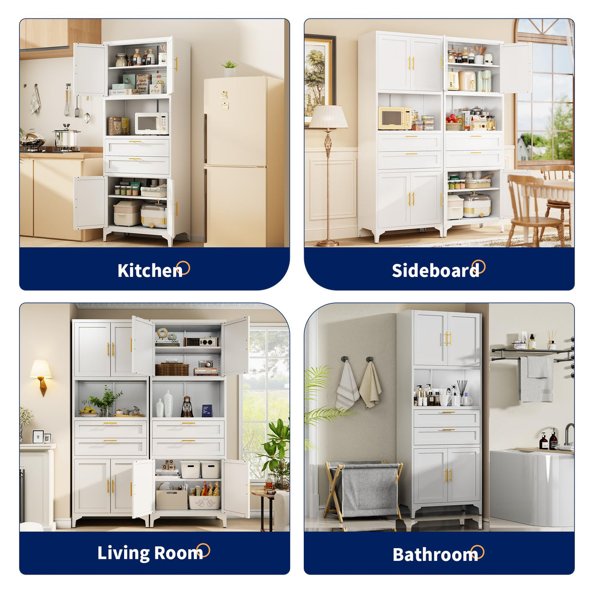 ZLBRDS 75” Tall Kitchen Pantry Storage Cabinet, Metal Storage Cabinet with 2 Drawers and Adjustable Shelves, Bathroom Storage Cabinet with Open Compartments, Freestanding Cupboard for Kitchen (White) ZLBRDS