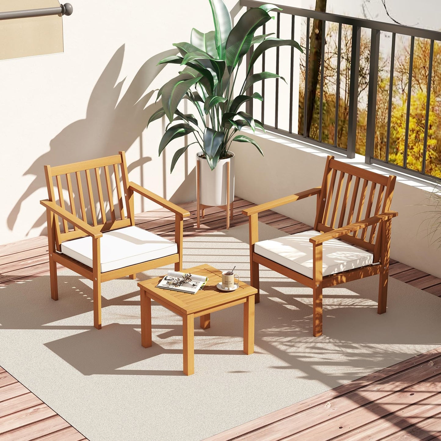 Tangkula 3 Pieces Patio Wood Furniture Set, Acacia Wood Chairs and Coffee Table Set with Soft Cushions, Slatted Design, Outdoor Furniture Set for Porch, Yard, Balcony (White) - WoodArtSupply