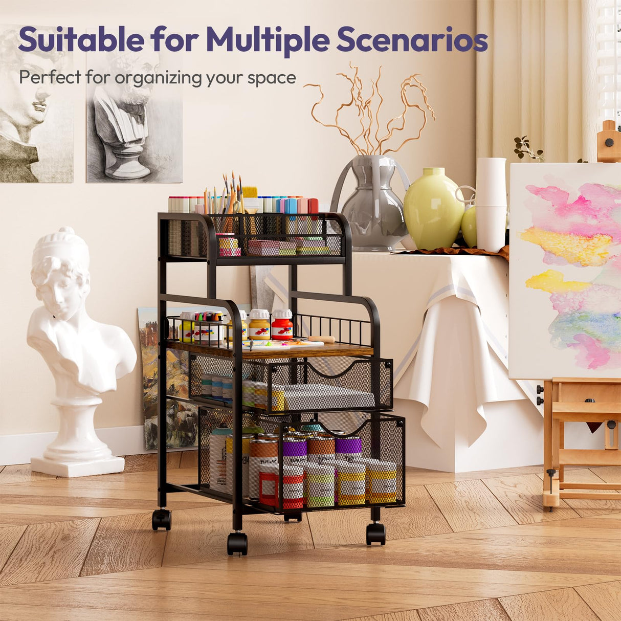 SWTYMIKI Rolling Cart with Drawers - Metal Utility Cart with Wood Shelf, DIY Divider and Locking Wheels, Craft & Art Cart Organizer for Under Desk Storage for Home Office Studio, Black SWTYMIKI