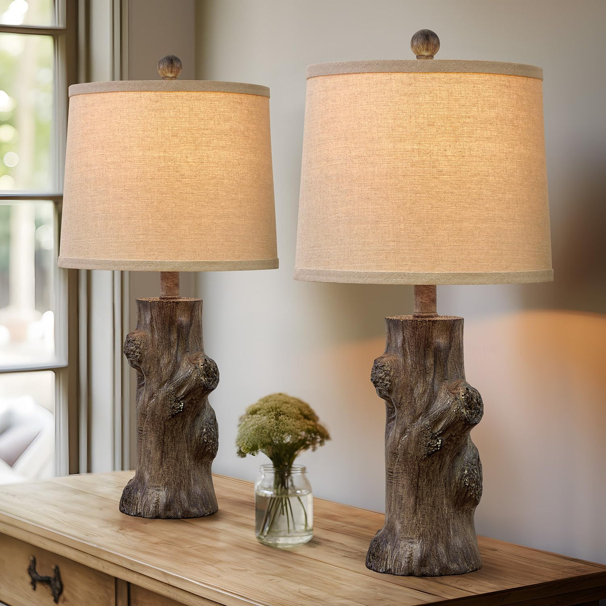 OYEARS 23"Resin Table Lamps for Living Room Set of 2 Country Cottage Farmhouse Lamp for Bedroom Tree Trunk Wood Grain with Oatmeal Fabric Round Shade Vintage Rustic Traditional Nightstand Bedside Lamp OYEARS