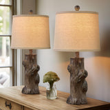 OYEARS 23"Resin Table Lamps for Living Room Set of 2 Country Cottage Farmhouse Lamp for Bedroom Tree Trunk Wood Grain with Oatmeal Fabric Round Shade Vintage Rustic Traditional Nightstand Bedside Lamp OYEARS