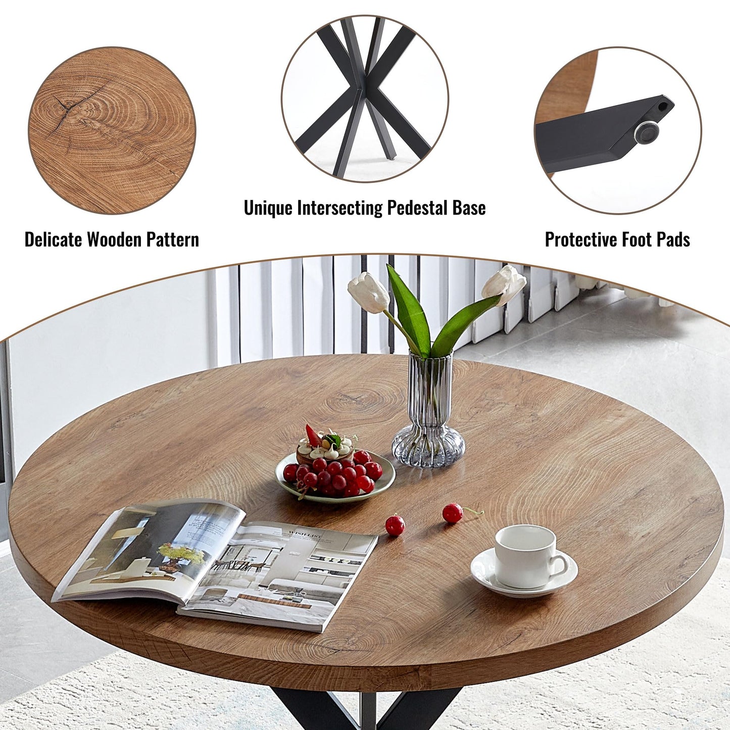 kevinplus 37.37'' Round Dining Table Small Wood Kitchen Table for 2-4, Modern Mid-Century Farmhouse Dinner Table with Black Metal Leg for Dining Room Kitchen Living Room, Walnut