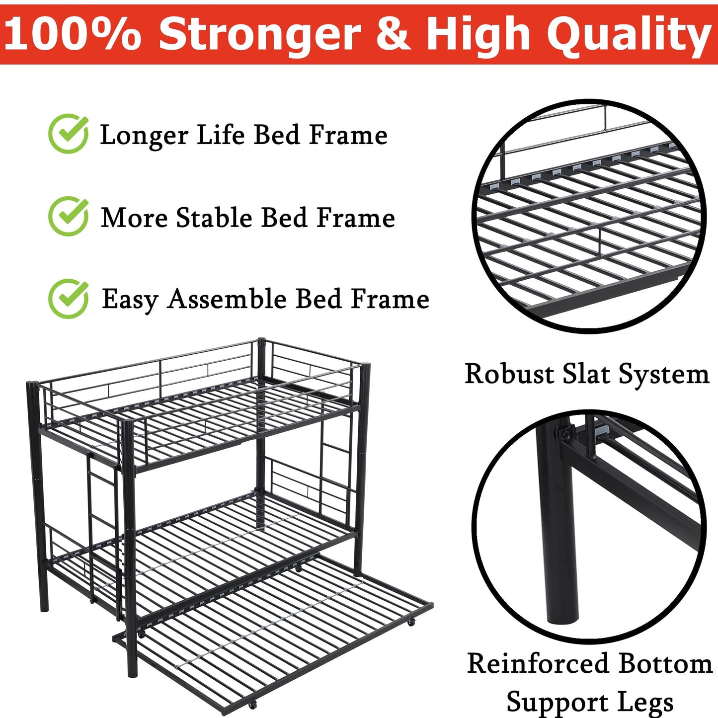 ZMIZAKOY Heavy Duty Metal Twin Over Twin Bunk Bed with Trundle & Sturdy Guard Rail & 2 Side Ladders (Black)