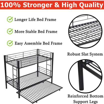 ZMIZAKOY Heavy Duty Metal Twin Over Twin Bunk Bed with Trundle & Sturdy Guard Rail & 2 Side Ladders (Black)