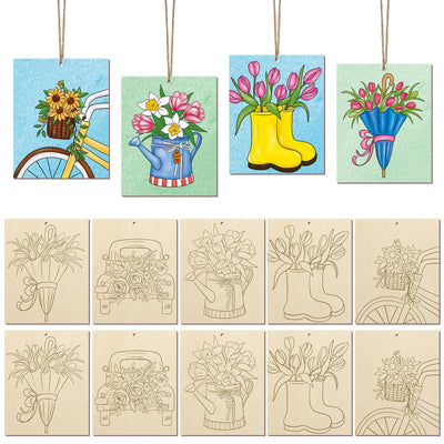 COCHIE 10 Pieces Large Spring Unfinished Wood Crafts to Paint for Adults and Kids, Bulk Predrilled Wooden Ornaments for Painting, Tulips Flowers Paintable Wood Slices Craft Supplies with Ropes