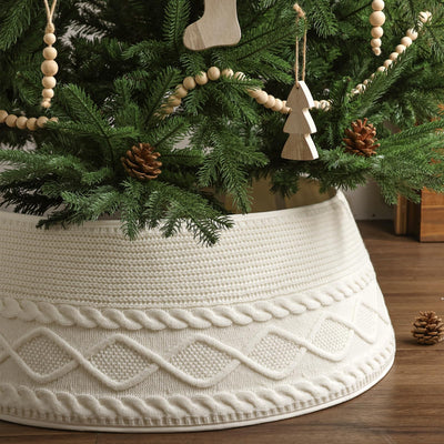 Treory Knitted Christmas Tree Collar: Cream Crossed Diamond Edge Chunky Cable Knit Christmas Tree Collars for Artificial Trees, Farmhouse Rustic Tree Ring Tree Skirt for Christmas Home Décor